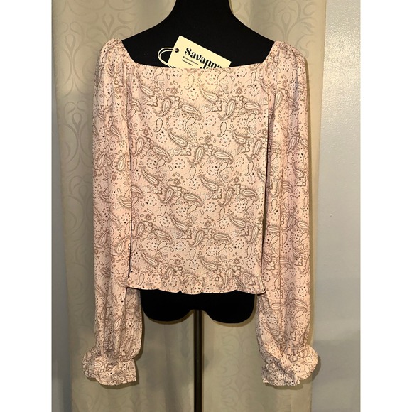 Savanna Jane Paisley Ruched Front Ruffle Blouse Pink  Boho Balloon Sleeve NEW-L - Picture 4 of 7